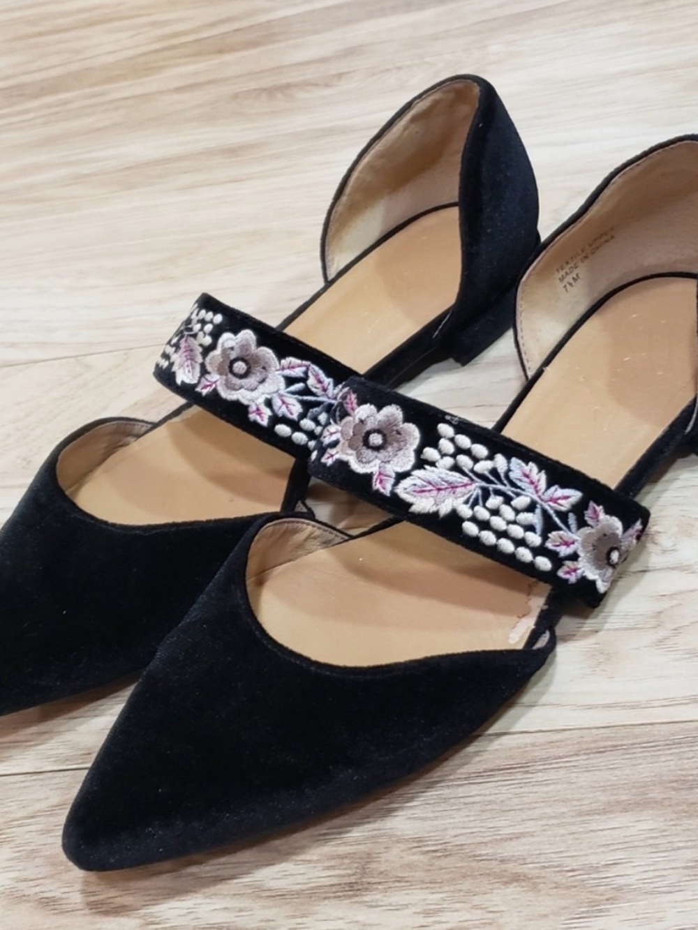 bettye muller Black Velvet Pointed Flats with Embroidered Floral Strap